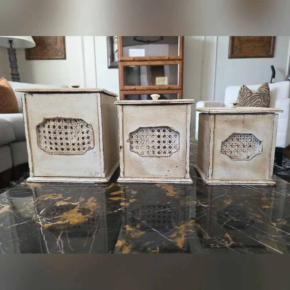 Decorative Wooden Cane Rattan Storage Canisters Set Of 3 Distressed Rustic